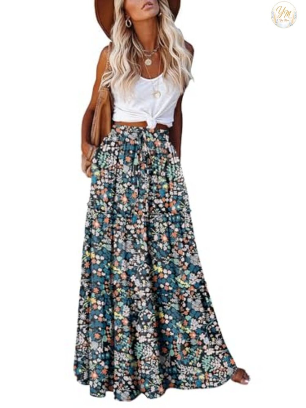 Boho Maxi Skirt High Waist with Pockets Flowy Tiered Western Long Skirt